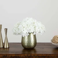 11" White Hydrangea Arrangement in Gold Metal Vase
