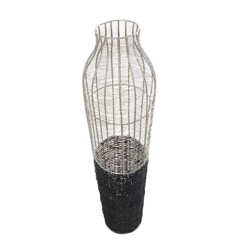 36" Silver Metal Vase with Woven Black Rattan Base