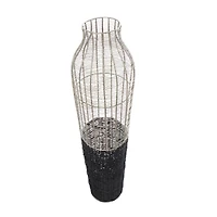 36" Silver Metal Vase with Woven Black Rattan Base