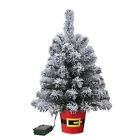 20" Pre-Lit Night Night™ Snowy Flocked Pine Artificial Tabletop Christmas Tree in Santa Belt Base, Clear LED Lights
