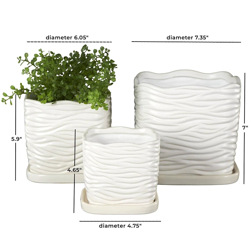 White Wavy Ribbed Ceramic Planter Set