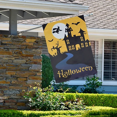 Spooky House Halloween Outdoor Garden Flag with Bats & Witch