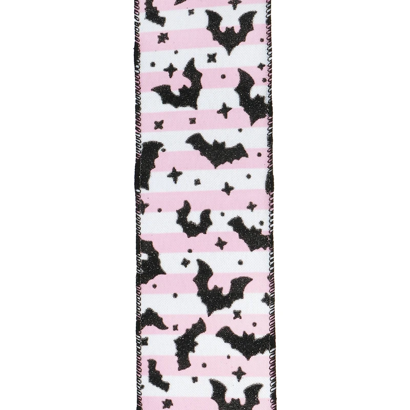 2.5" x 20ft. Glitter Bats on Pink Stripes Wired Ribbon by Celebrate It® Halloween