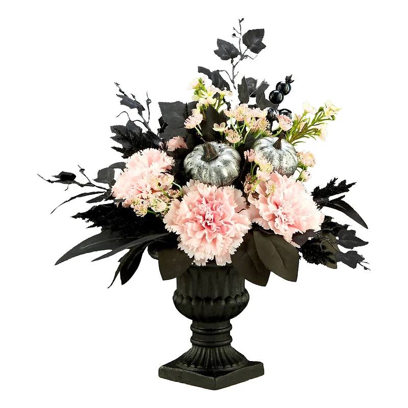 17" Pretty Morbid Pink Carnation Halloween Centerpiece in Black Urn