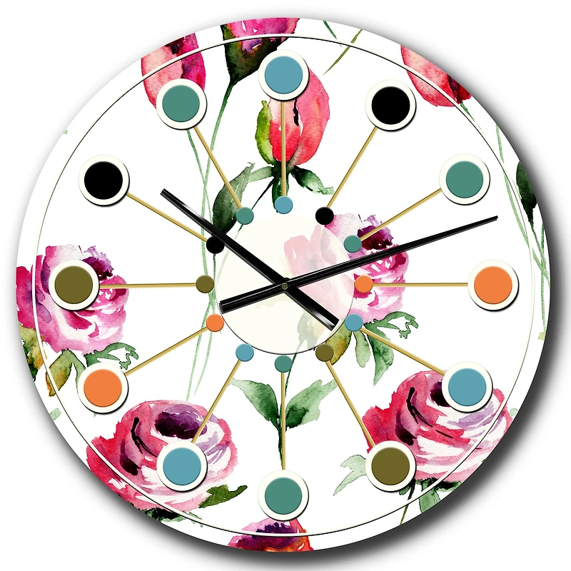 Designart 'Roses Flowers Pattern Mid-Century Modern Wall Clock