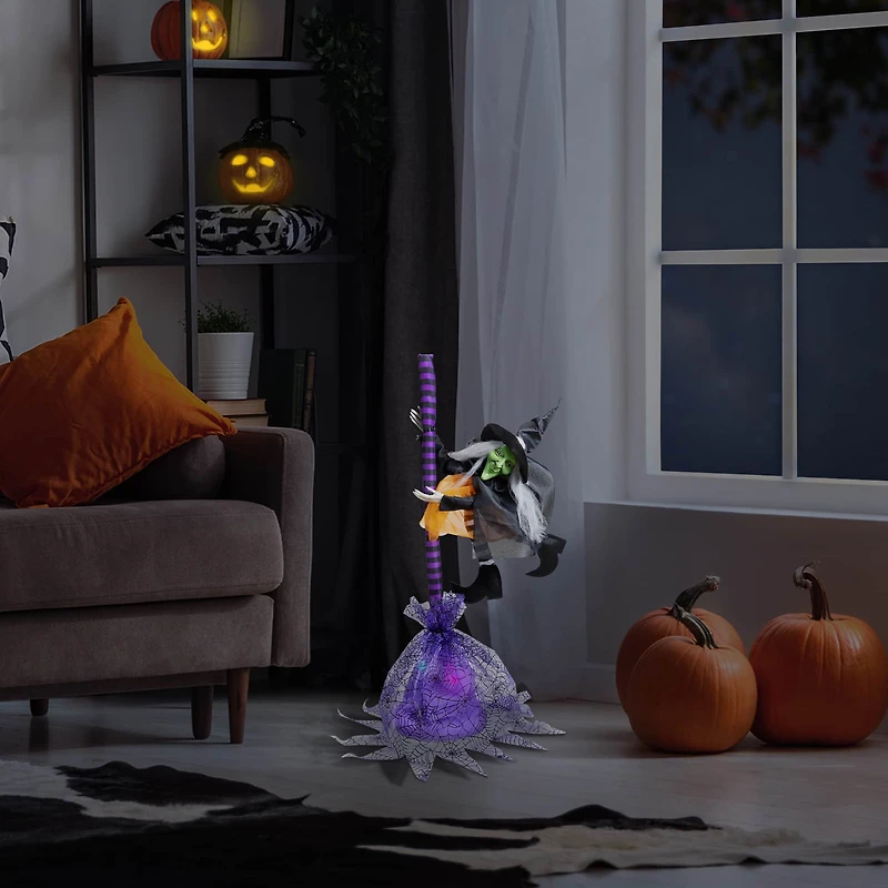 25" Animated Flying Witch with Broom Halloween Decoration