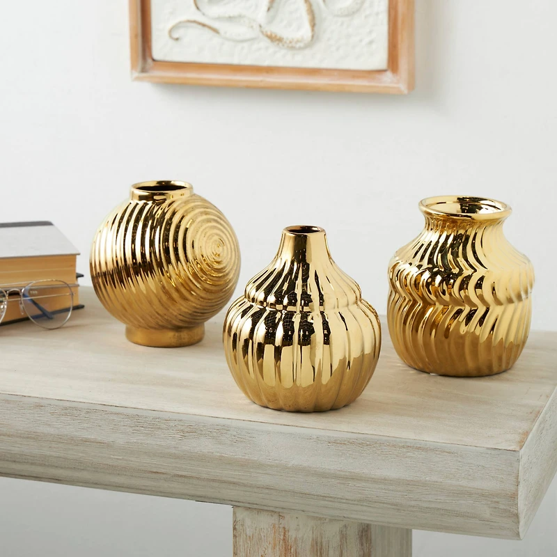 Gold Ceramic Abstract Small Textured Vase Set