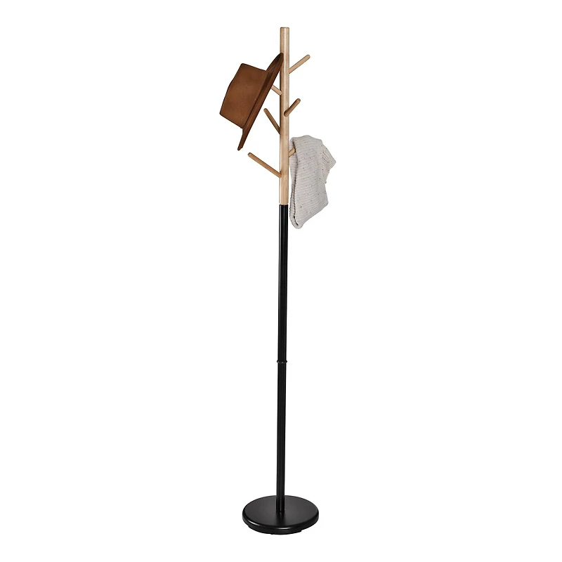 Honey Can Do Black & Natural Wood Modern Freestanding Coat Tree Stand