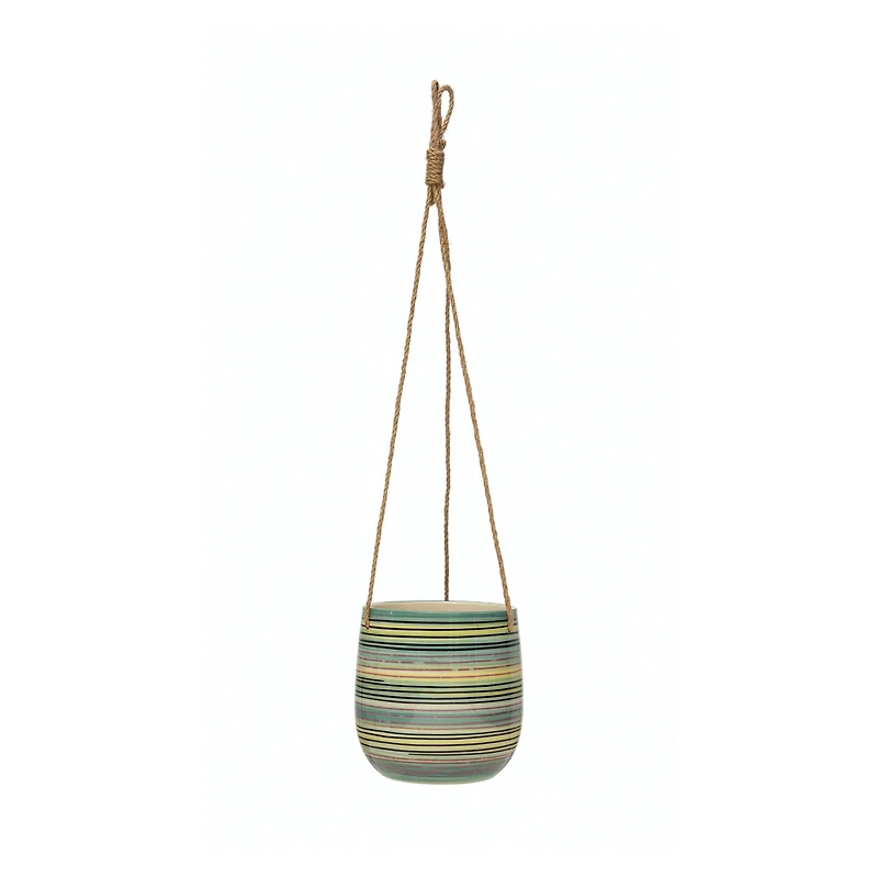Hello Honey® 7" Hanging Stoneware Striped Planter with Jute Rope Hanger