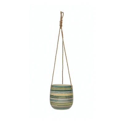 Hello Honey® 7" Hanging Stoneware Striped Planter with Jute Rope Hanger