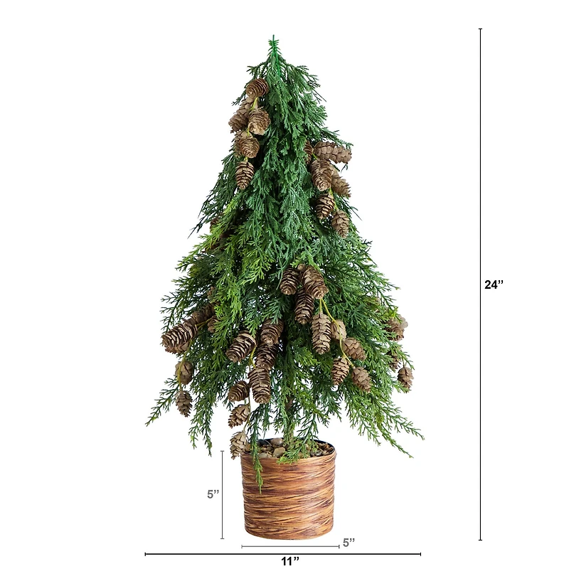 2ft. Artificial Down Swept Cedar Christmas Tree with Pinecones in Rustic Decorative Planter