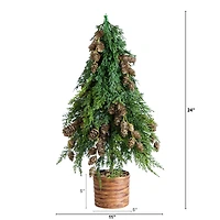2ft. Artificial Down Swept Cedar Christmas Tree with Pinecones in Rustic Decorative Planter