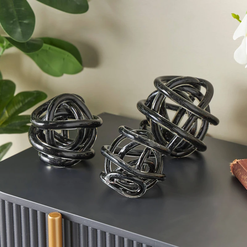 Black Knotted Ball Glass Sculpture Set