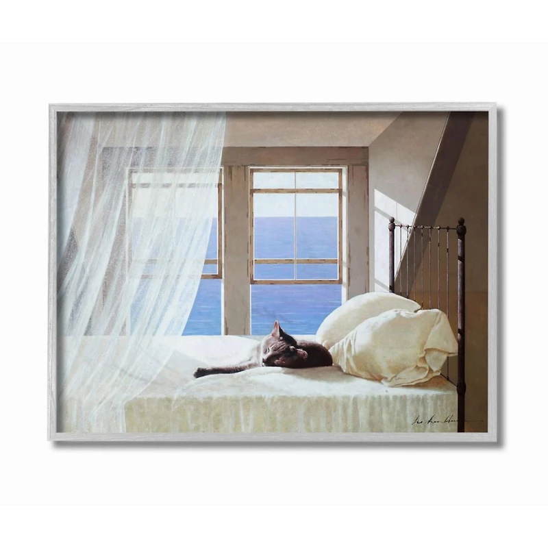 Stupell Industries Cat Resting on White Oceanside Bed Nautical Painting Gray Framed Wall Art