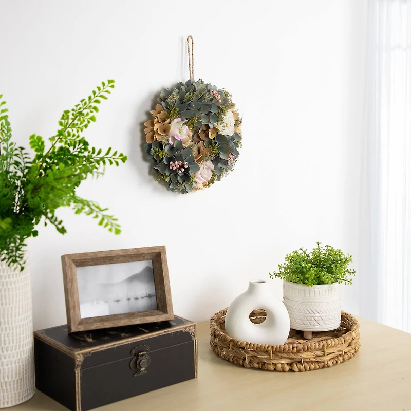 10" Tan & Blue Wooden Floral Wreath