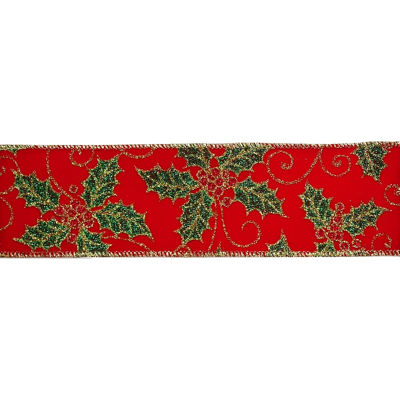 2.5" x 20ft. Red Glitter Holly Wired Ribbon by Celebrate It®