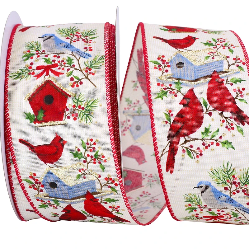 JAM Paper 2.5" x 20yd. Linen Wired Cream Sparkle Birds House Ribbon