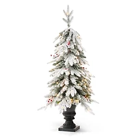 4ft. Pre-Lit Flocked Red Berry Fir Artificial Christmas Porch Tree in Urn, White Lights