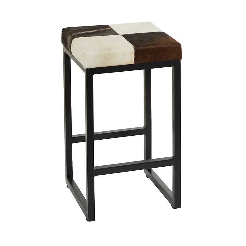 Black Iron and Leather Industrial Stool, 24" x 14" x 14"