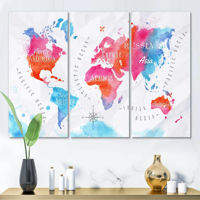Designart - World Map In Pink and Blue