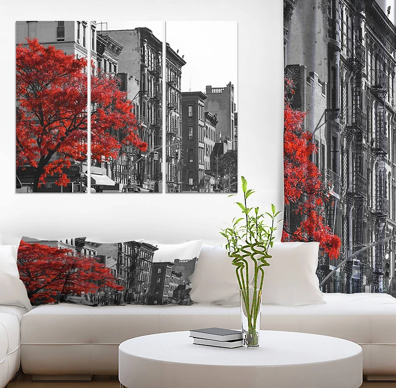 Designart - Red Tree on Black and White New York City Street