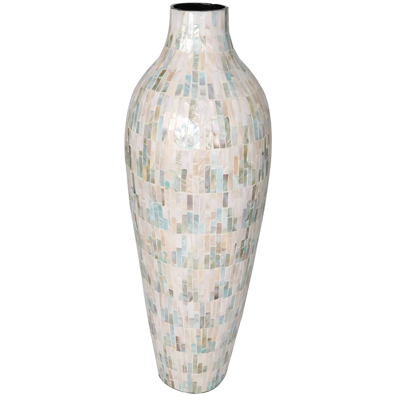 28" White Mother of Pearl Handmade Mosaic Inspired Vase with Pastel Blue & Pink Accents