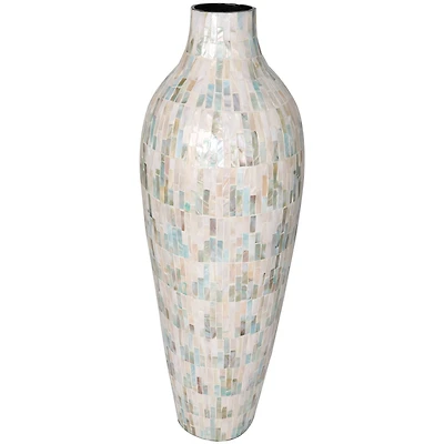 28" White Mother of Pearl Handmade Mosaic Inspired Vase with Pastel Blue & Pink Accents