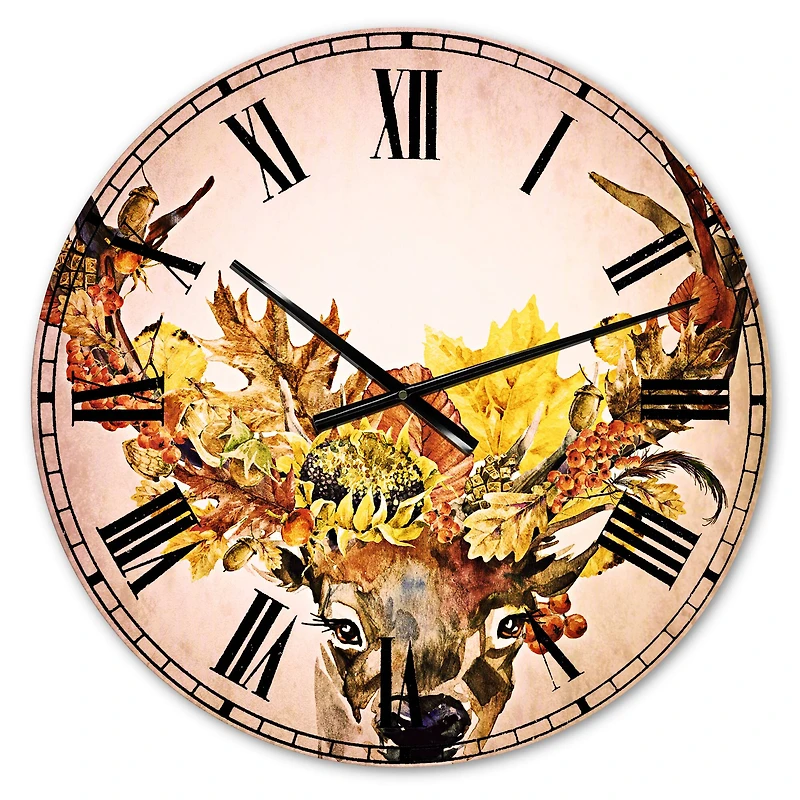 Designart Roe Deer with Flowers Traditional Wall Clock