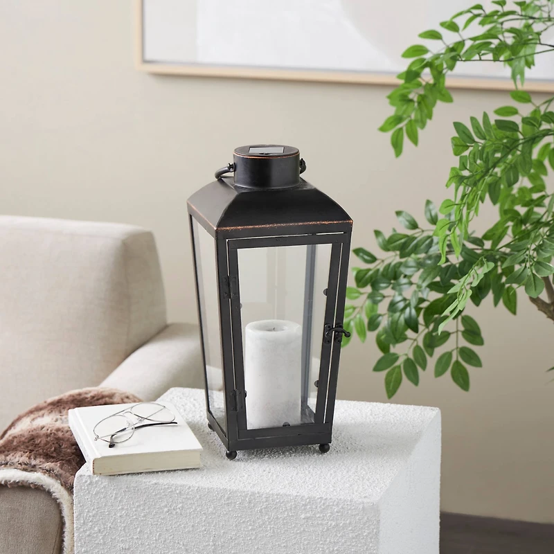 16" Black Metal Modern Candle Lantern with Gold Accents