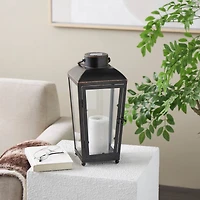 16" Black Metal Modern Candle Lantern with Gold Accents