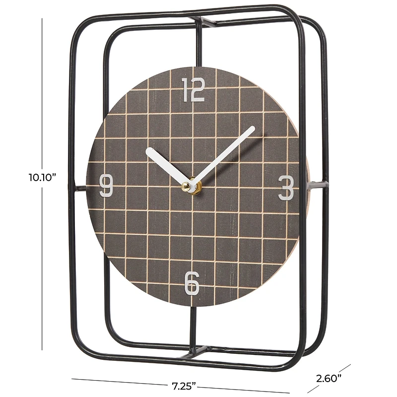 10" Black Metal Geometric Open Frame Clock with Grid Patterned Clockface