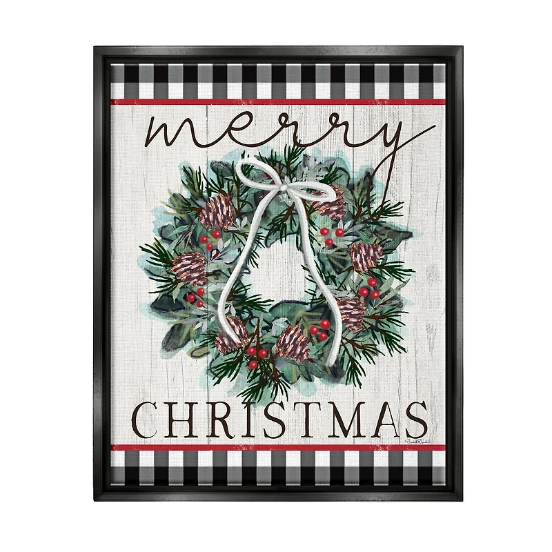 Stupell Industries Merry Christmas Tartan Wreath Framed Floater Canvas Wall Art