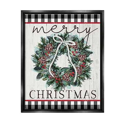 Stupell Industries Merry Christmas Tartan Wreath Framed Floater Canvas Wall Art