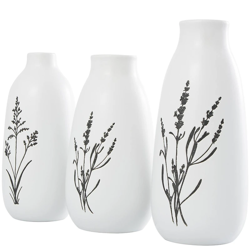 White Ceramic Vase with Black Lavender Prints Set