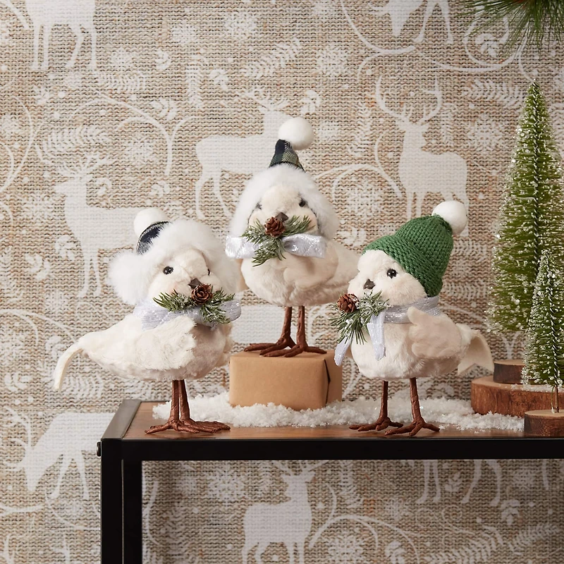 Winter Bird with Hat & Pine Accent Set, 7", 7.5" & 8"