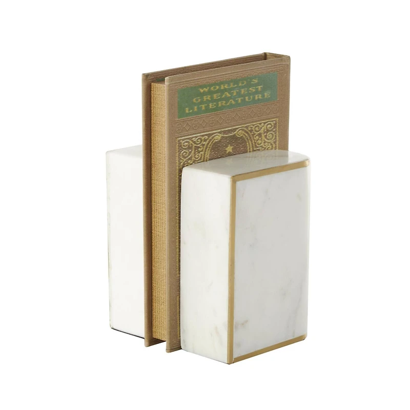White Marble Curved Rectangular Decorative Bookends with Gold Accents Set