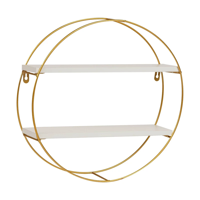 Mind Reader Floating Round Wall Shelves, Gold Metal Frame with Dual White Display Shelves, White