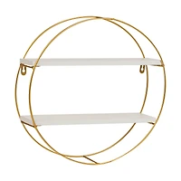 Mind Reader Floating Round Wall Shelves, Gold Metal Frame with Dual White Display Shelves, White