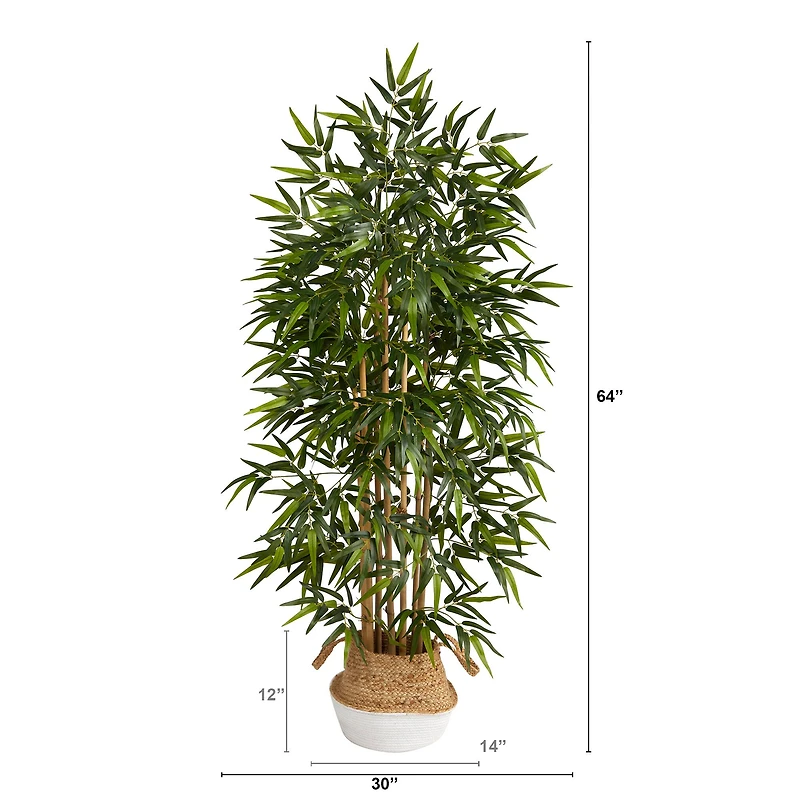 64" Bamboo Artificial Tree with Natural Bamboo Trunks in Boho Chic Handmade Cotton & Jute White Woven Planter