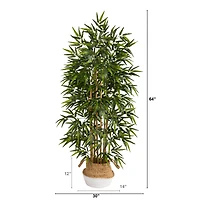 64" Bamboo Artificial Tree with Natural Bamboo Trunks in Boho Chic Handmade Cotton & Jute White Woven Planter