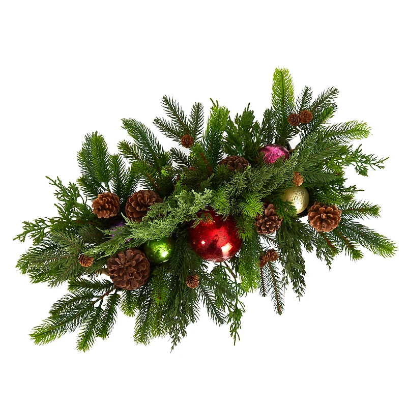 24" Cedar Pine, Pinecones & Ornaments Artificial Christmas Arrangement in Tin Vase
