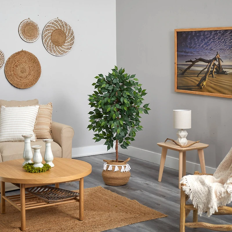 4ft. Ficus Artificial Tree in Boho Chic Handmade Natural Cotton Woven Planter with Tassels