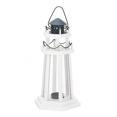 12.25" White Wooden Lighthouse Hanging Candle Lantern with Chain Detailing