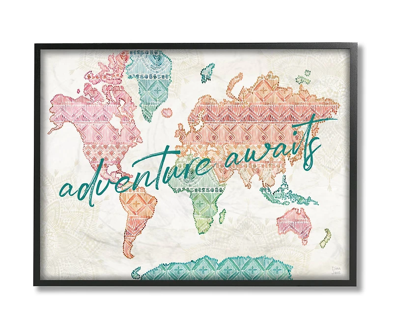 Stupell Industries Adventure Awaits Phrase Macrame Pattern World Map in Black Frame Wall Art