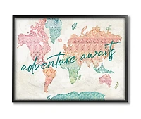 Stupell Industries Adventure Awaits Phrase Macrame Pattern World Map in Black Frame Wall Art
