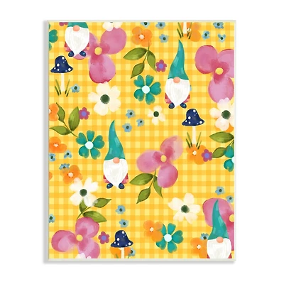 Stupell Industries Yellow Tartan Patterned Spring Gnomes Mushrooms Wall Plaque Art