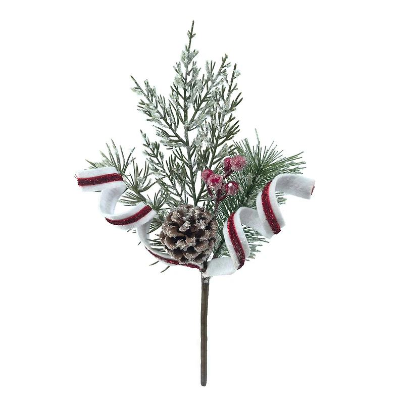 12" Frosted Red Berry & Pine Pick with White & Red Ribbon Curls by Ashland®