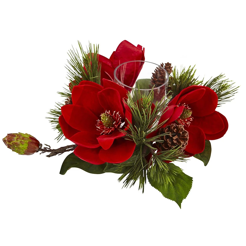 7" Red Magnolia & Pine Candelabrum