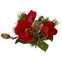 7" Red Magnolia & Pine Candelabrum