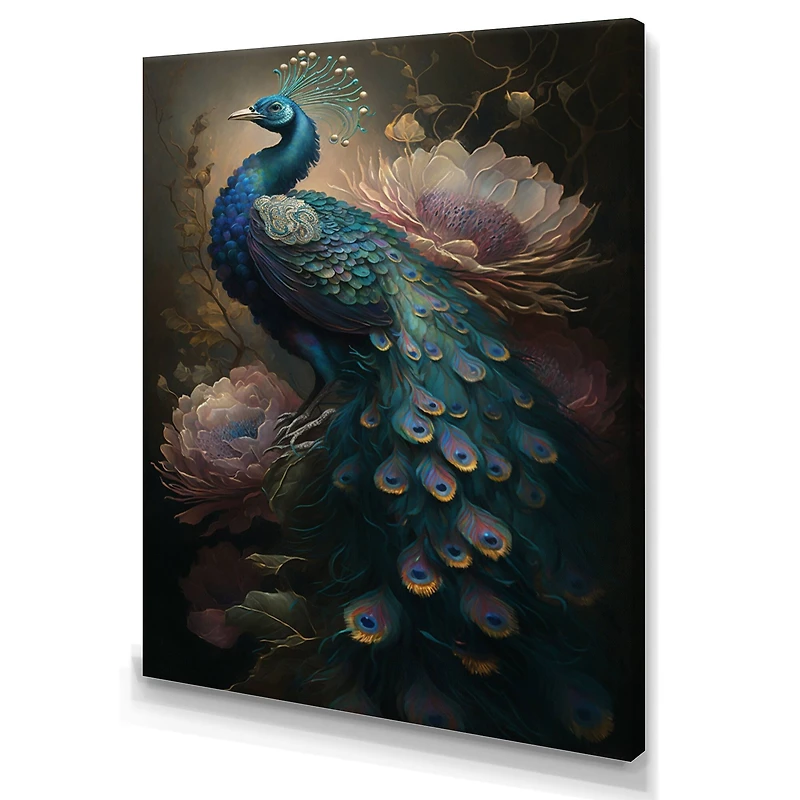 Designart 'Peacock With Flowers' Animals Canvas Wall Art